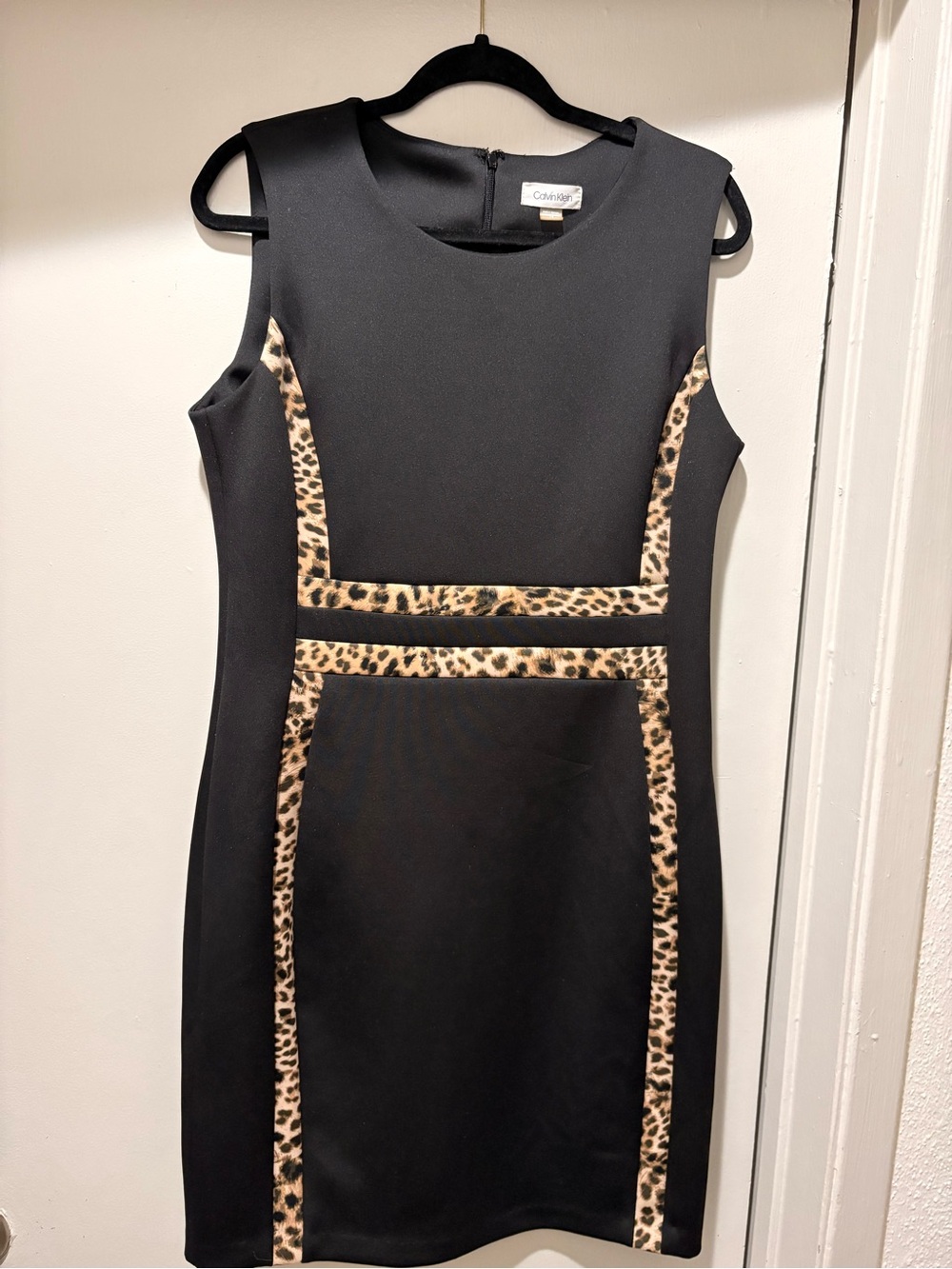 Calvin Klein Black Dress with Leopard-Print Trim size 14